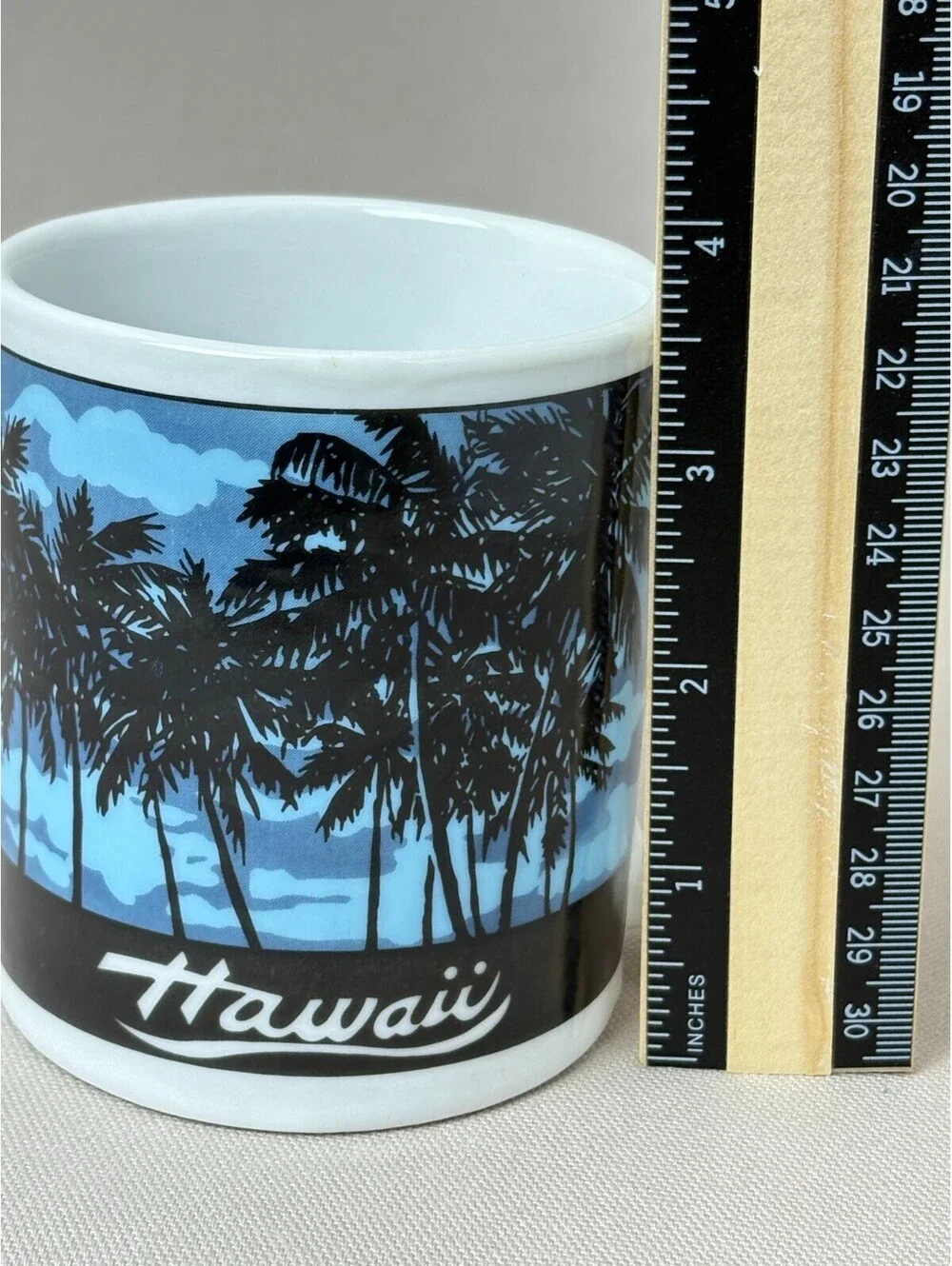 Vintage Hawaii Souvenir Coffee Mug Palm Trees Tropical Island Ceramic Blue Cup